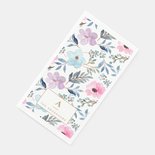 Serviette En Papier Joli Pastel Blue Aquarelle Fleurs Monogramme (Coin)