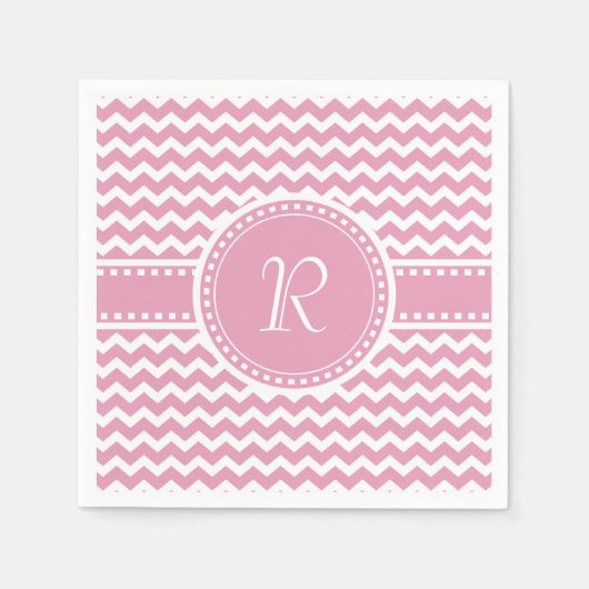 Serviette En Papier Joli rose et blanc Chevron rayé Monogramme (Devant)