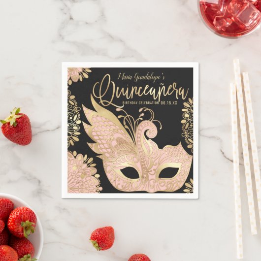 Serviette En Papier Joli rose or noir Mascarade Masque Quinceañera (En situation)