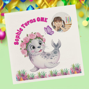 Serviette En Papier Joli Whimsical Floral Sea Lion Photo Anniversaire