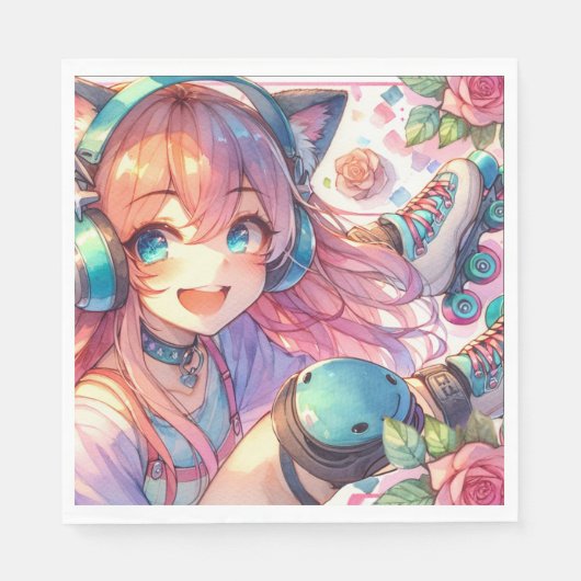 Serviette En Papier Jolie Anime Girl en Roller skates Anniversaire (Devant)