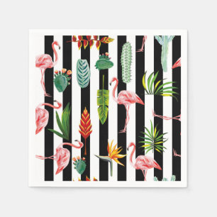 Serviette En Papier Jolie bande blanche noire avec Flamant rose Cactus