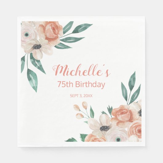 Serviette En Papier Jolie Crème Peach Floral 75e anniversaire (Devant)