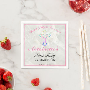 Serviette En Papier Jolie Croix rose Filles Premier Merci Communion