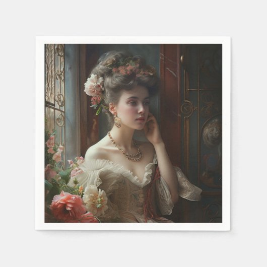 Serviette En Papier Jolie Dame En Robe Fleurs De Soie. (Devant)