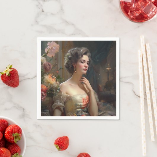 Serviette En Papier Jolie Dame En Robe Fleurs De Soie. (En situation)