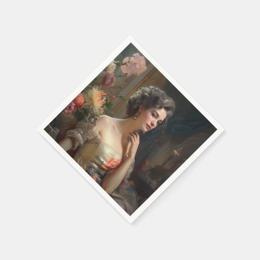 Serviette En Papier Jolie Dame En Robe Fleurs De Soie. (Coin)
