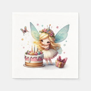 Serviette En Papier Jolie Fée Avec Gâteau D'anniversaire