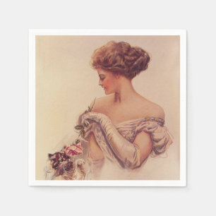 Serviette En Papier Jolie femme tenant un chaton (par Harrison Fisher)