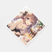 Serviette En Papier Jolie fille Anime avec Kitten et gâteau d'annivers (Coin)
