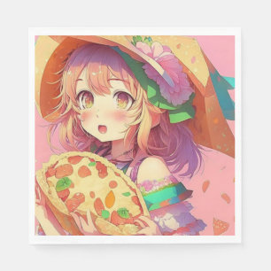 Serviette En Papier Jolie fille Anime tenant une pizza