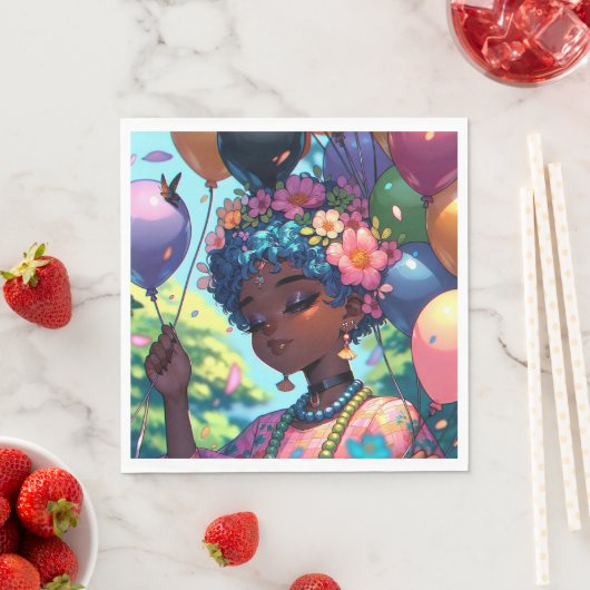 Serviette En Papier Jolie fille d'Anime noire avec anniversaire (En situation)