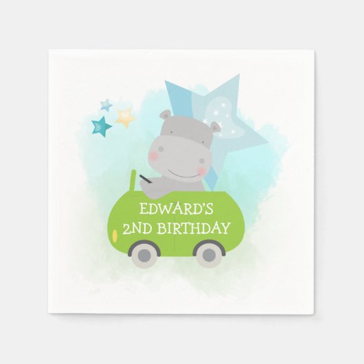 Serviette En Papier Jolie Hippo en voiture verte aujourd'hui fête d'an (Devant)