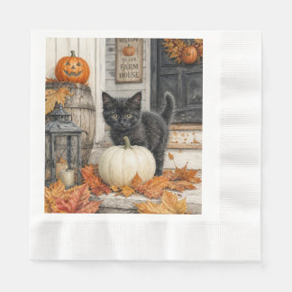 Serviette En Papier Jolie maison de ferme Chat noir et citrouille Hall
