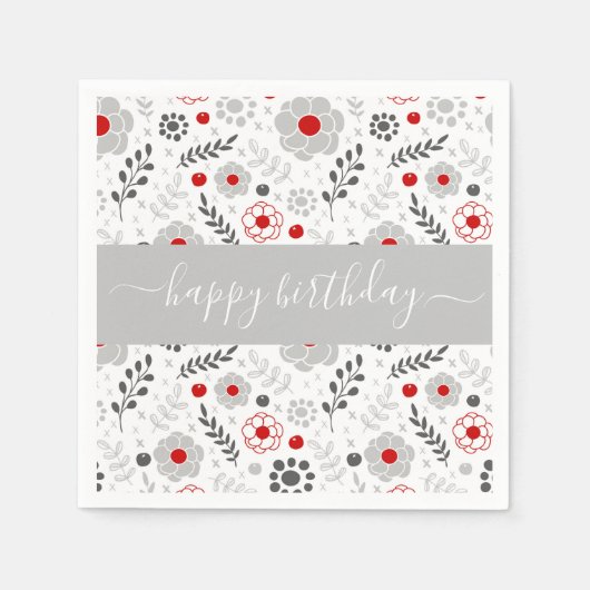 Serviette En Papier Jolie moderne Fleurs rouges et gris Anniversaire (Devant)