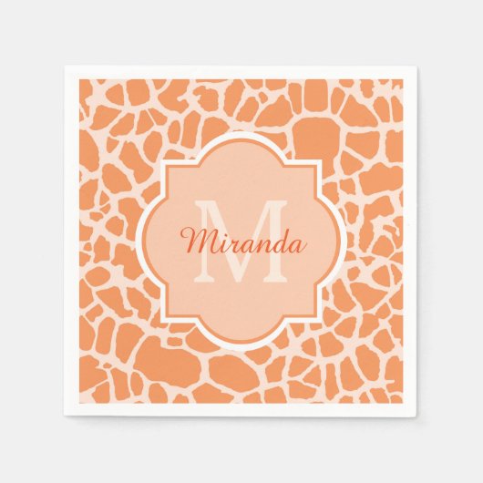 Serviette En Papier Jolie Orange Giraffe Imprimer Monogramme et nom (Devant)