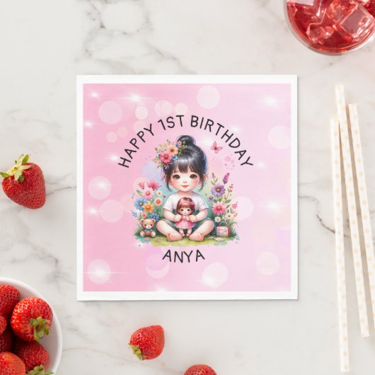 Serviette En Papier Jolie personnalisation asiatique fille et poupée a (En situation)