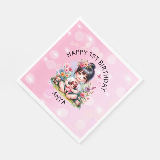 Serviette En Papier Jolie personnalisation asiatique fille et poupée a (Coin)