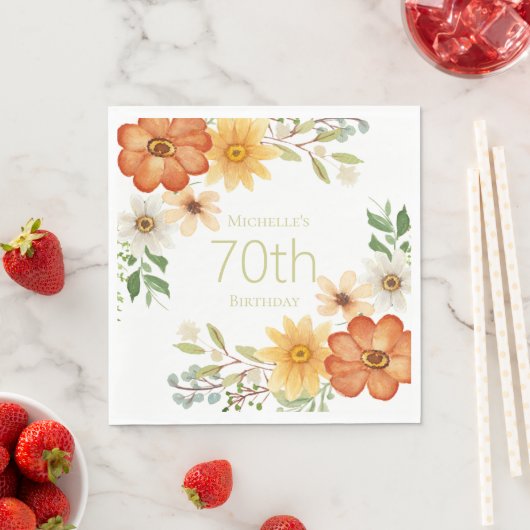 Serviette En Papier Jolie rouille jaune Fleurs blanches 70e anniversai (En situation)