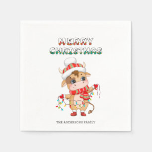 Serviette En Papier Jolie vache de Noël en costume d'hiver