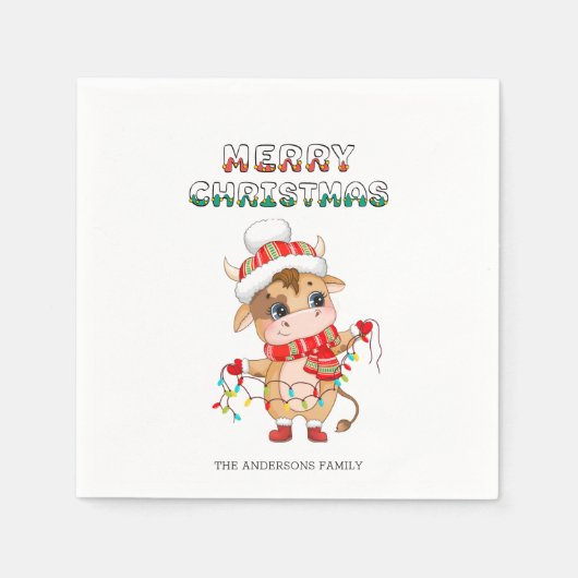 Serviette En Papier Jolie vache de Noël en costume d'hiver (Devant)
