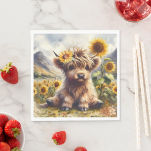Serviette En Papier Jolie Vache Highland Aux Tournesols