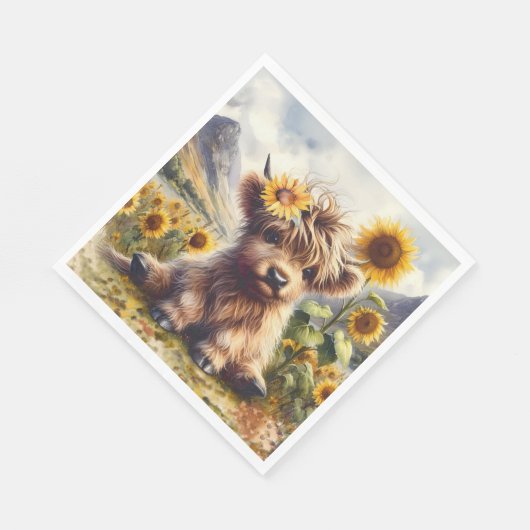 Serviette En Papier Jolie Vache Highland Aux Tournesols (Coin)
