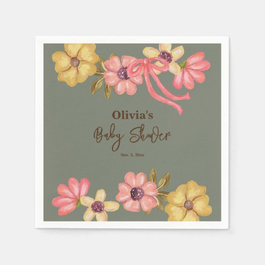 Serviette En Papier Jolies Fleurs Baby shower mignonne Fille Douce Ros (Devant)