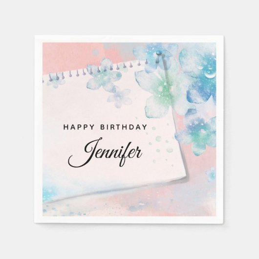 Serviette En Papier Jolies fleurs bleues sur rose Arrière - plan Anniv (Devant)