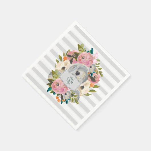 Serviette En Papier Jolies fleurs d'aquarelle avec rayures gris chic (Coin)