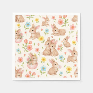 Serviette En Papier Jolis lapins et motifs de fleurs à l'aquarelle