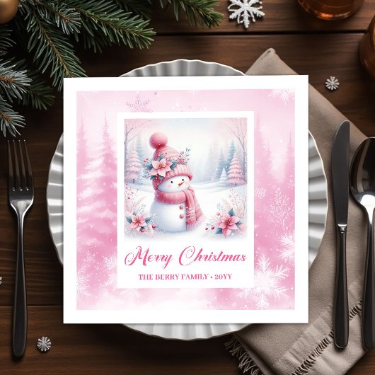 Serviette En Papier Jolly Pink Snowman Christmas Scene Napkins Kids  