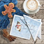 Serviette En Papier Jolly Snowman ID841<br><div class="desc">Cette jolie serviette de Noël en bleu présente des flocons de neige étincelants comme toile de fond pour un gros bonhomme de neige et le texte manuscrit 'Let's be Jolly'.</div>