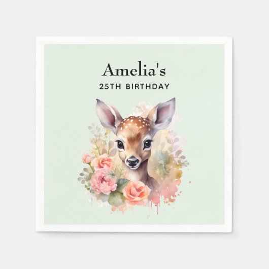 Serviette En Papier Jote Cerf Entouré D'Anniversaire Rose (Devant)