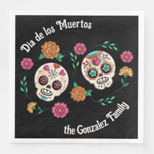 Serviette En Papier Jour des Morts crânes et fleurs de sucre Noir
