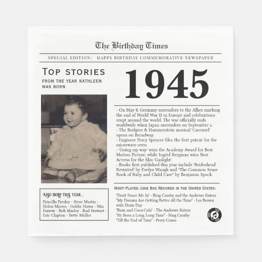 Serviette En Papier Journal d'anniversaire 1945 (Devant)