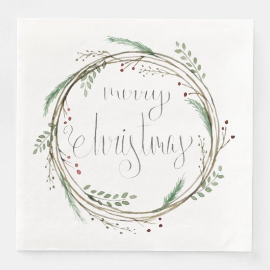 Serviette En Papier Joyeuse couronne d'aquarelle de Noël (Devant)