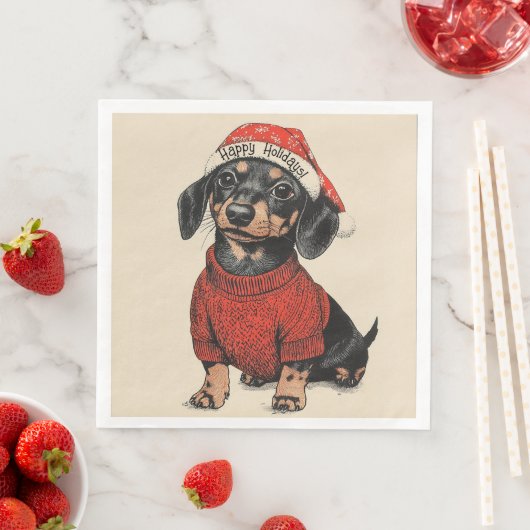Serviette En Papier Joyeuses fêtes, mignon Dachshund de Noël (En situation)