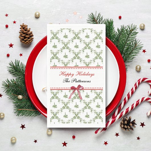 Serviette En Papier Joyeuses fêtes Mistletoe Red Bow Custom Christmas