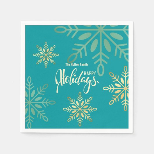Serviette En Papier Joyeuses fêtes Noël or flocons verts (Devant)