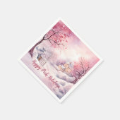 Serviette En Papier Joyeuses Fêtes Roses Scène de Noël (Coin)