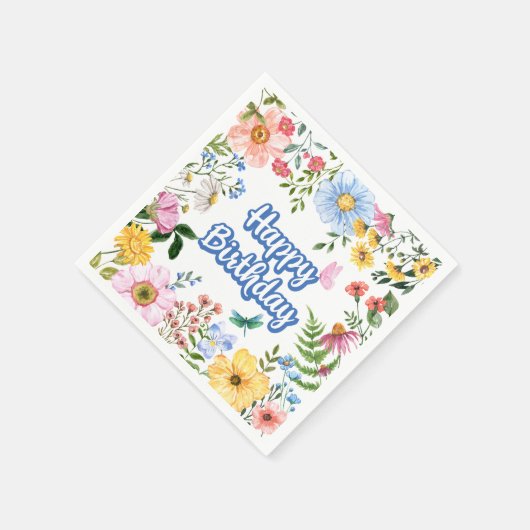 Serviette En Papier Joyeuses fleurs d'aquarelle d'anniversaire (Coin)