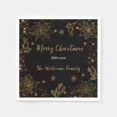 Serviette En Papier Joyeuses Fleurs de Noël et étoiles | Or noir (Devant)