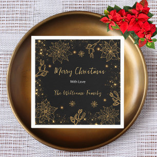 Serviette En Papier Joyeuses Fleurs de Noël et étoiles Or noir