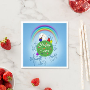 Serviette En Papier Joyeuses Pâques Planète Colorée & Lapin Arc-en-cie