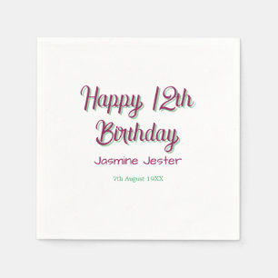 Serviette En Papier joyeux 12ème anniversaire vert rose nom date simpl