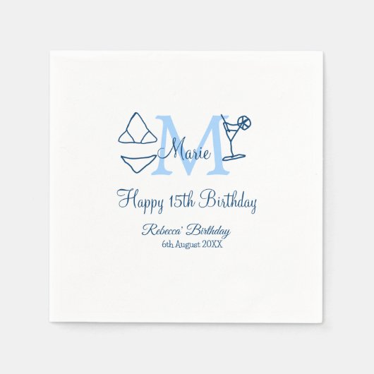 Serviette En Papier Joyeux 15e anniversaire bleu ajouter nom monogramm (Devant)