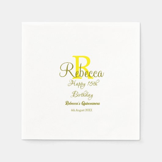 Serviette En Papier Joyeux 15e anniversaire jaune ajouter nom monogram (Devant)