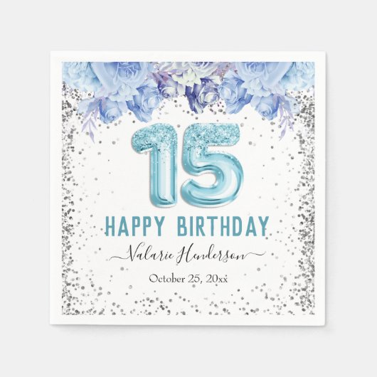 Serviette En Papier Joyeux 15e Anniversaire Paillettes Florales Bleu C (Devant)
