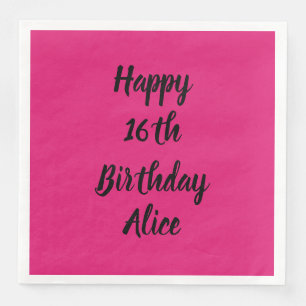Serviette En Papier Joyeux 16e anniversaire rose noir Nom personnalisé